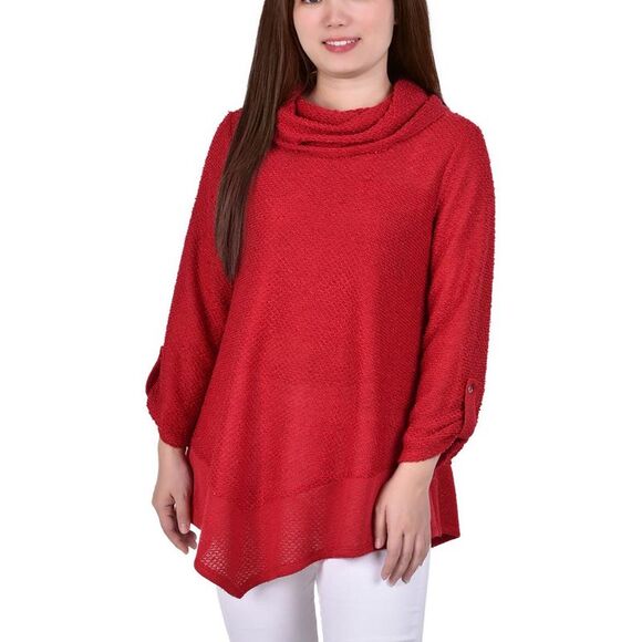 NY Collection Womens Red Knit Asymmetric Turtleneck Sweater Top Petites NWOT - Picture 1 of 2